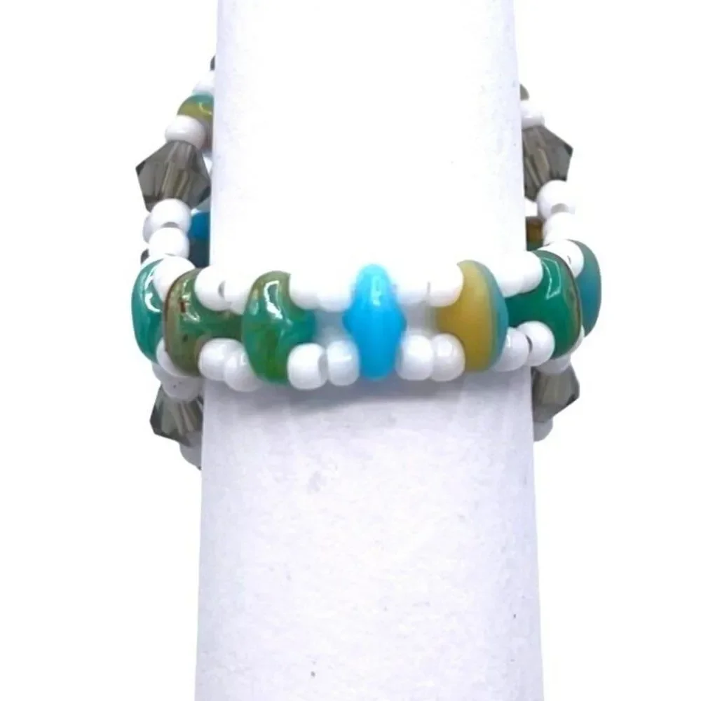 Multi Blue and Cream with White and Gray Crystal Beaded Statement Ring Size 7.5